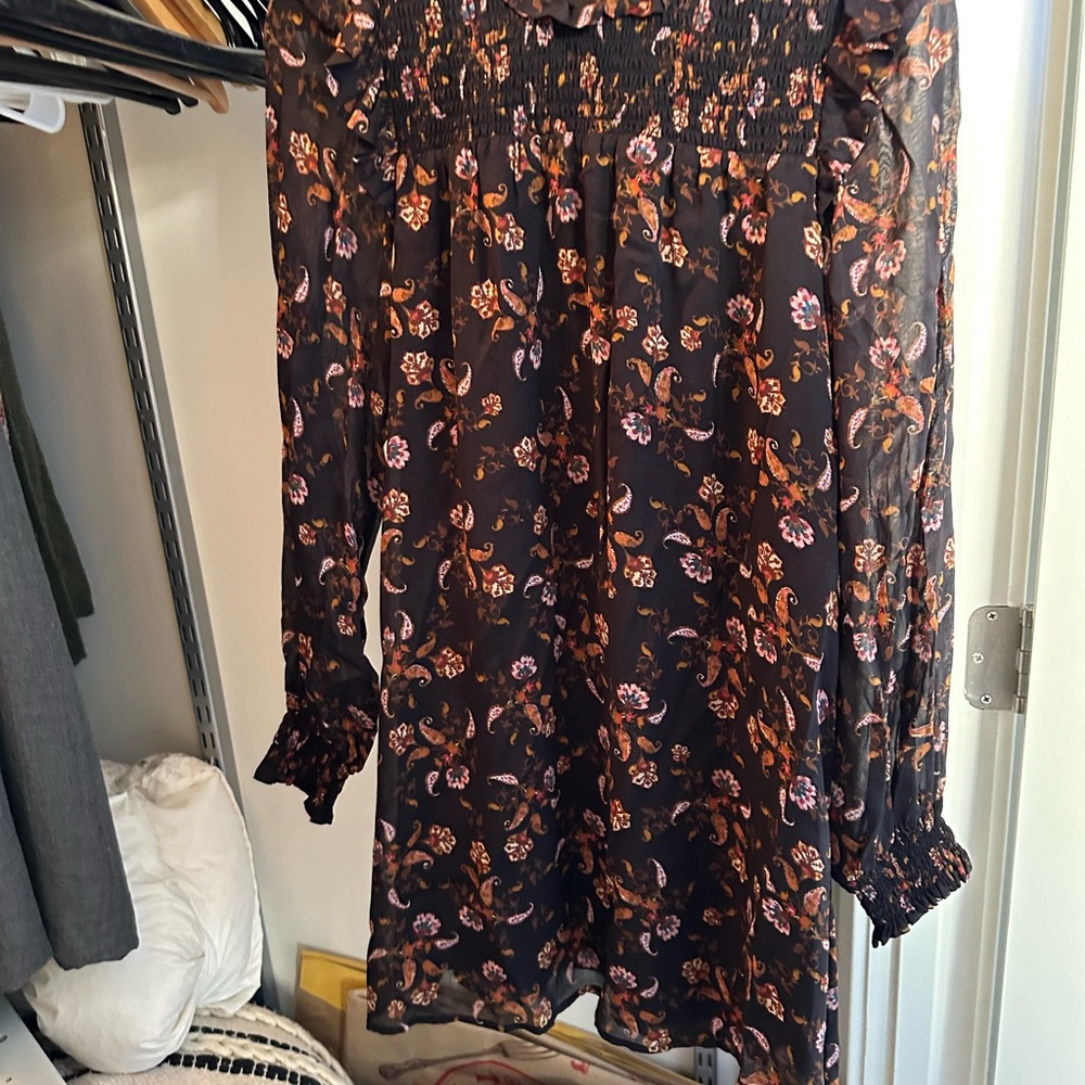 Mini  full-sleeve dress - black with colorful flower designs with gold accents - Picture 6 of 6